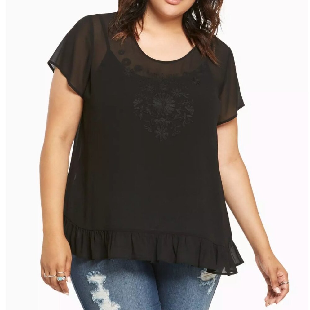 GUC Torrid Embroidered Chiffon Ruffle Hem Top